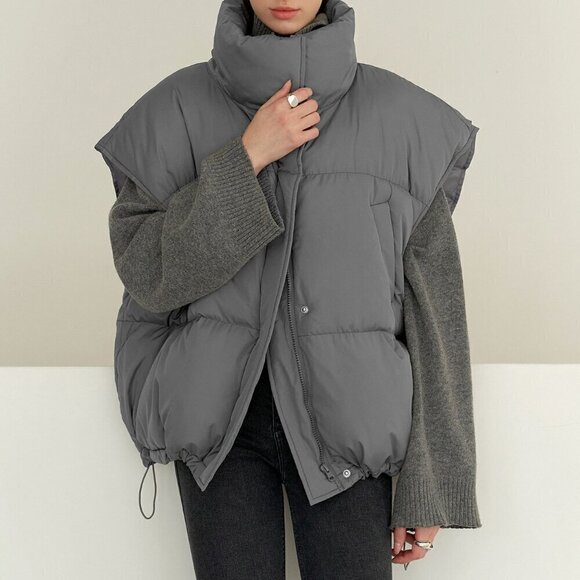 Grey Casual Women's Drawstring Hem Sleeveless Zip Front Puffer Pockets Coat - Picture 1 of 8